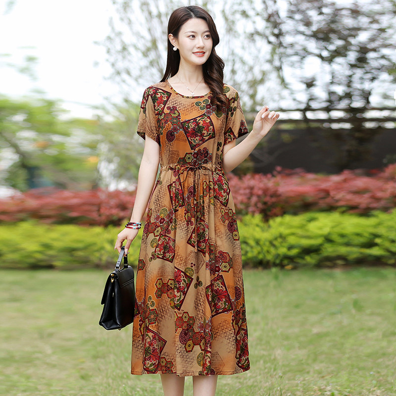 妈妈棉绸裙子中年女装夏装气质棉绸中老年短袖大码时尚洋气连衣裙