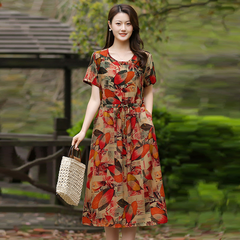 复古棉绸遮肚子连衣裙女夏2025新款宽松休闲夏天妈妈减龄时尚裙子