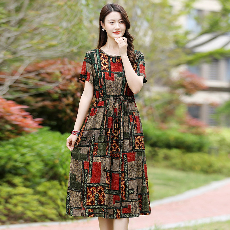 中老年大码女装夏装短袖棉绸连衣裙中长款时尚显瘦妈妈装透气裙子