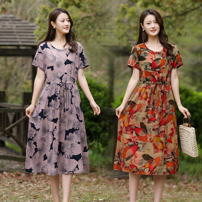 2025夏季妈妈装棉绸连衣裙时尚女装新款中年显瘦宽松大码过膝裙子