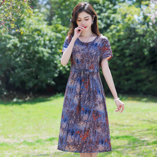 中年妈妈装显瘦花裙子中老年女装夏季新款中长款棉绸连衣裙夏裙子