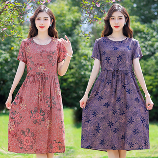 棉绸连衣裙中长款 大码 40岁50中年女夏装 时尚 裙子 妈妈装 中老年女装