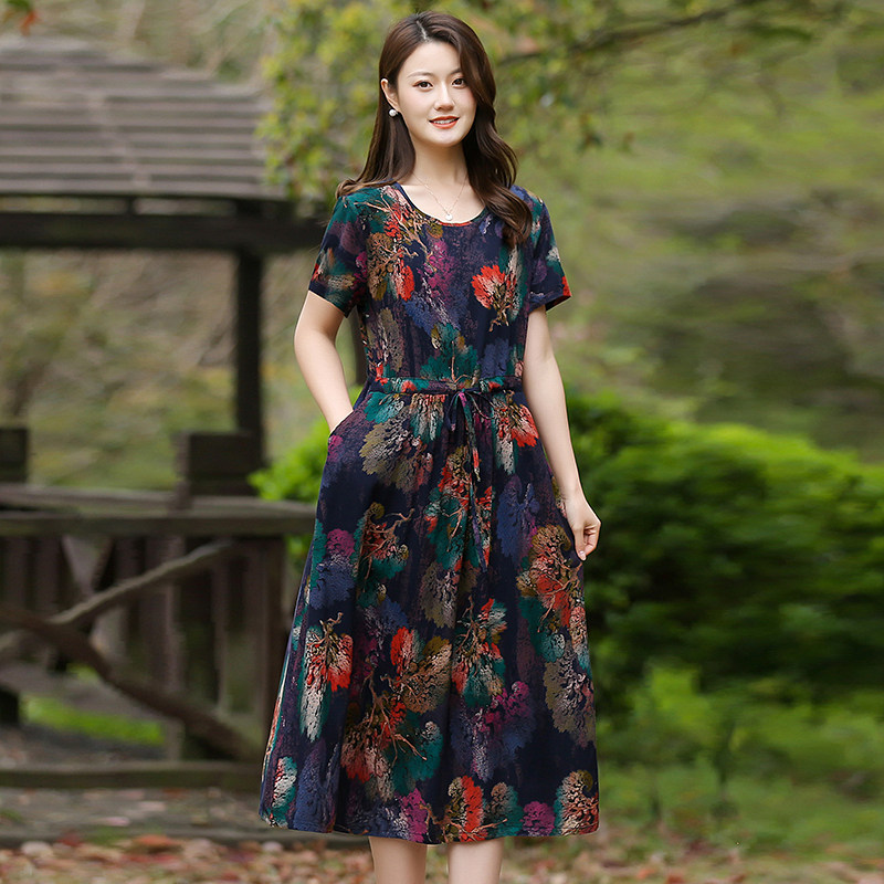 妈妈装棉绸连衣裙2025夏季时尚女装新款中年显瘦宽松大码过膝裙子