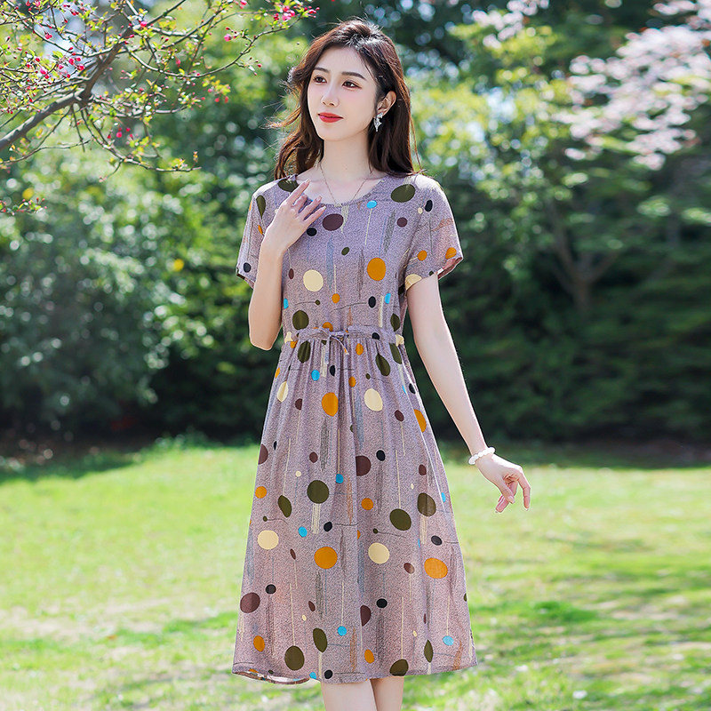 妈妈装气质新款连衣裙休闲短袖中老年大码女装中长款棉绸夏季裙子