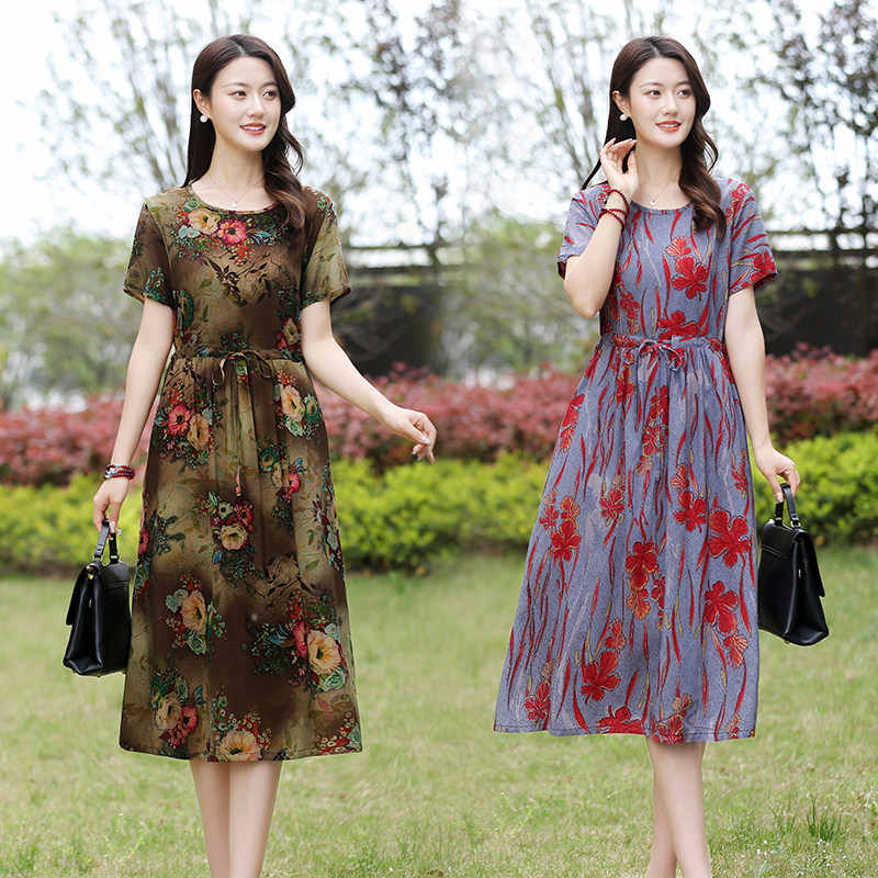 中年妈妈装显瘦花裙子中老年女装新款抽绳中长款棉绸连衣裙夏裙子