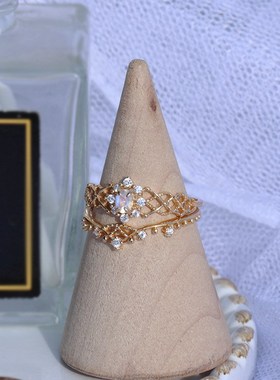 ordi 初雪水晶戒指女复古叠戴戒子925银蕾丝天然月光石指环