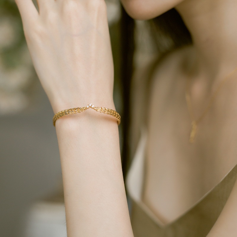Ordi简约时尚麦穗金色手镯可调节女式锆石戒指花卉叶子耳坠