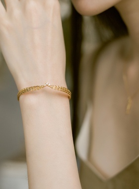 Ordi简约时尚麦穗金色手镯可调节女式锆石戒指花卉叶子耳坠