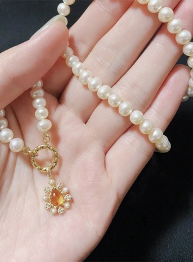 Ordi秋季新款琥珀水滴形吊坠项链女s925银天然珍珠项饰