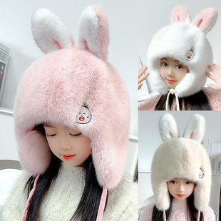 儿童帽子冬季加绒加厚护耳帽女孩可爱兔耳朵毛绒帽户外男童防风帽