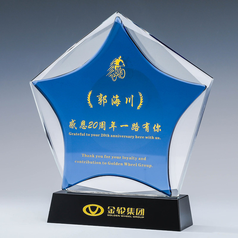 蓝色五角星奖杯定制员工颁奖荣誉奖牌周年庆感谢牌创意纪念品定做