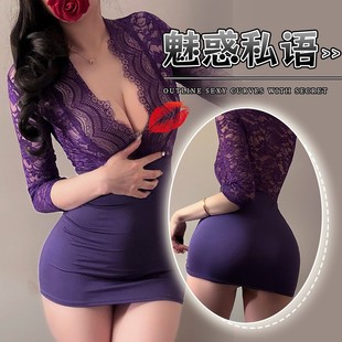 性感擦边紫色蕾丝镂空连衣裙超短裙V领包臀裙修身型约会薄款睡裙