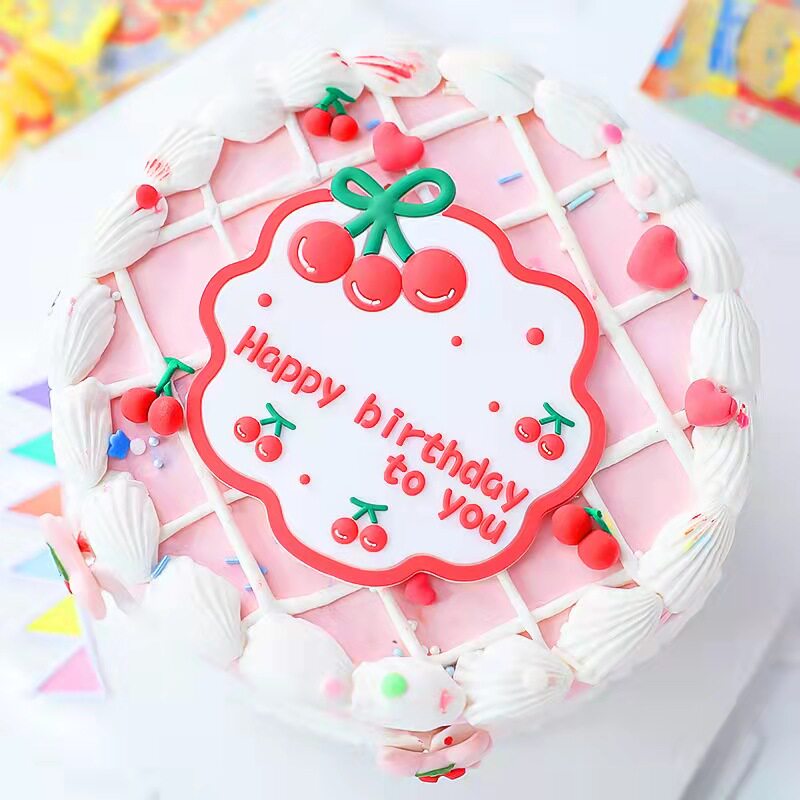 烘焙蛋糕装饰小可爱樱桃生日快乐框软胶摆件卡通女孩