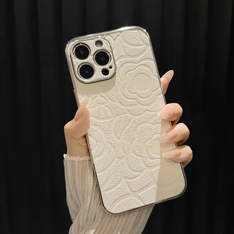 简约复古山茶花适用苹果15pro手机壳iphone16皮纹电镀14高级感13