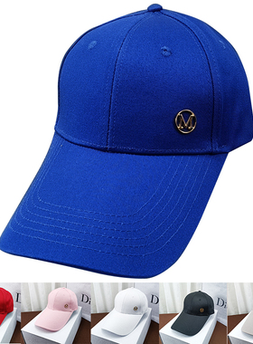 字母M标蓝色加长檐棒球帽女韩版遮阳防晒太阳帽显脸小鸭舌帽男潮
