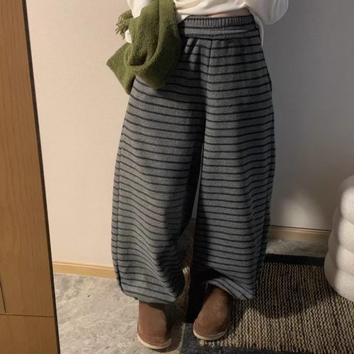 montague加倍厚实！德绒加绒条纹松紧腰卫裤韩国冬保暖阔腿休闲裤