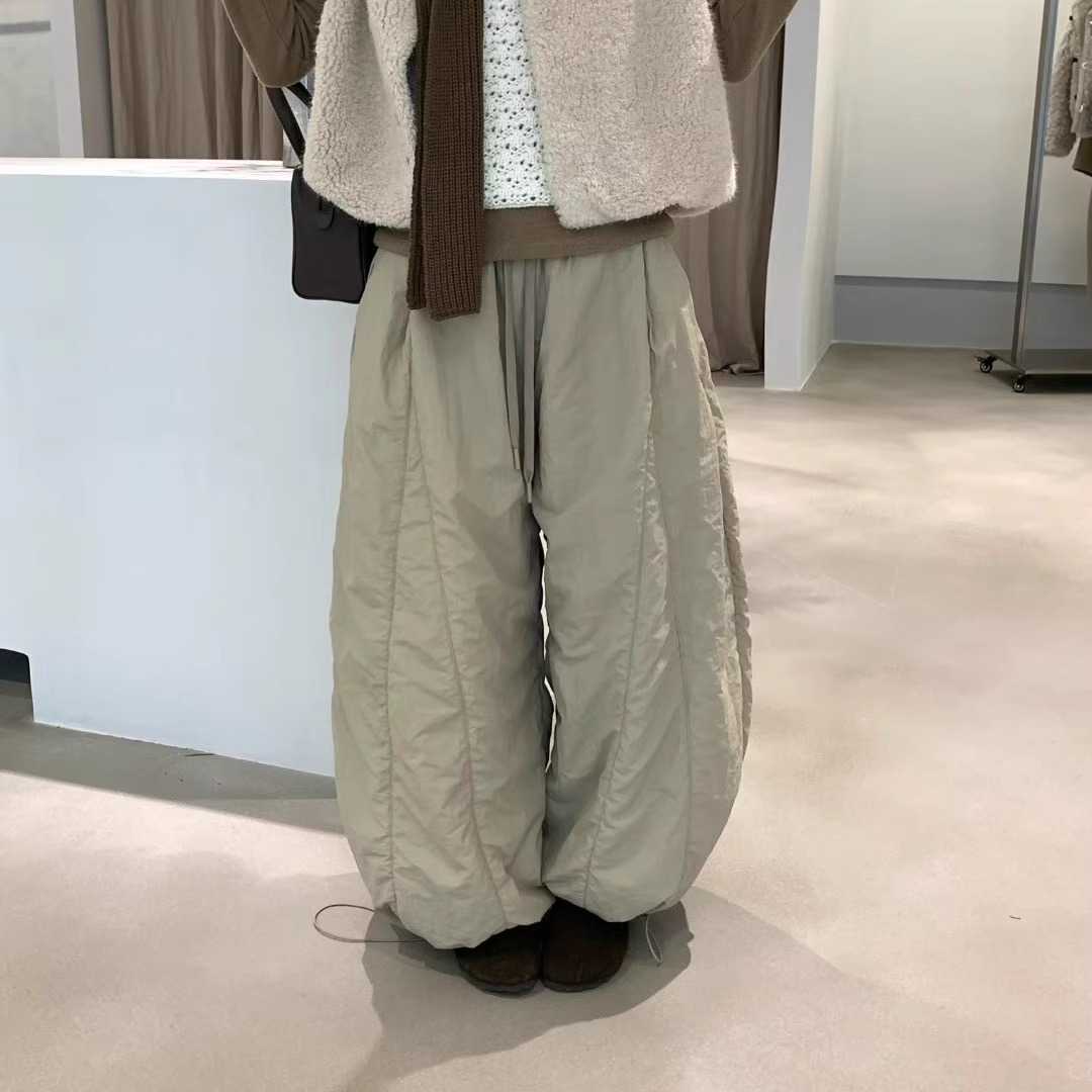 FOCUSE正品~松紧腰褶皱棉裤裤脚抽绳阔腿裤韩国冬季加厚保暖长裤