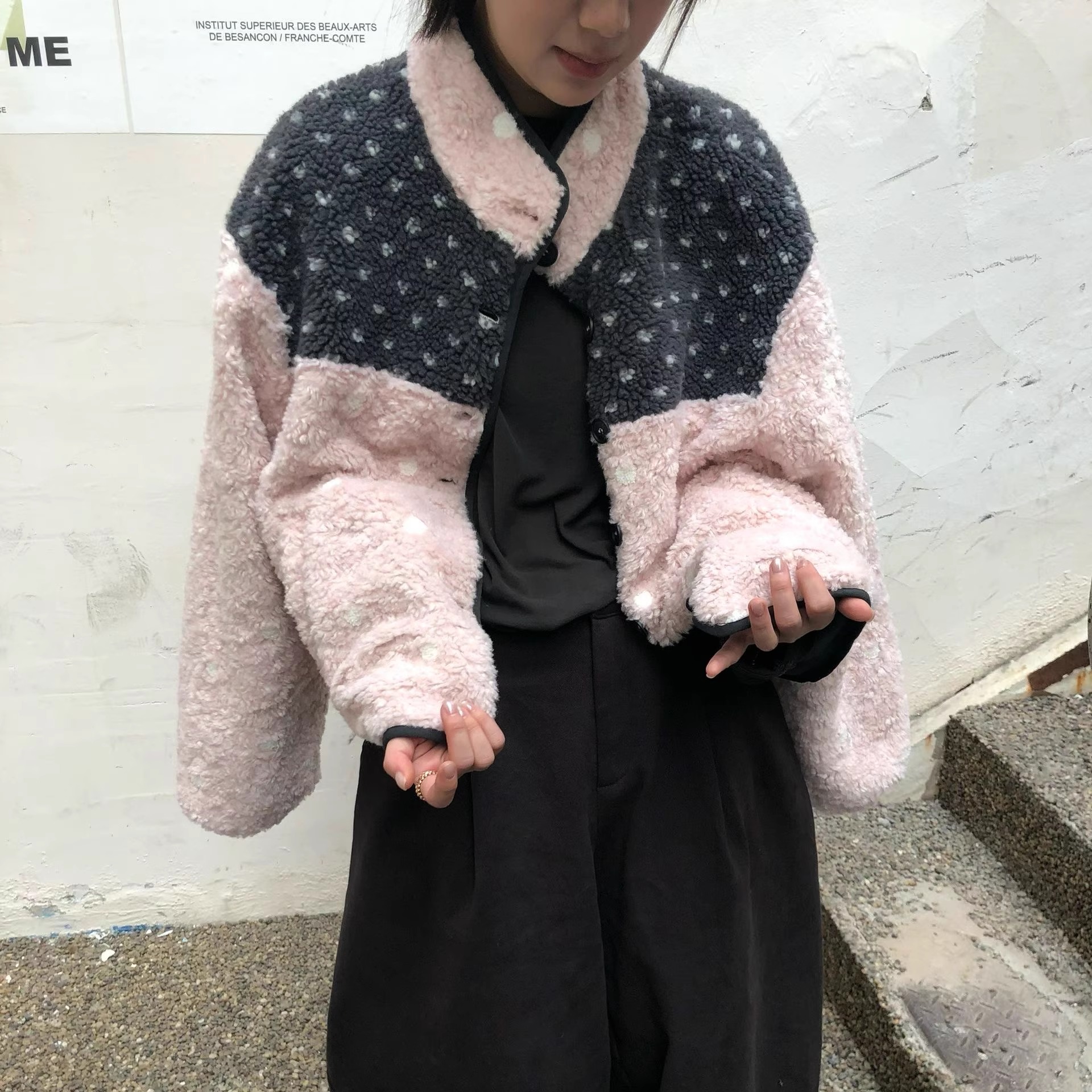 H.ONE正品现货~波点INS拼接羊羔毛立领拉链外套韩国冬季摇粒绒女