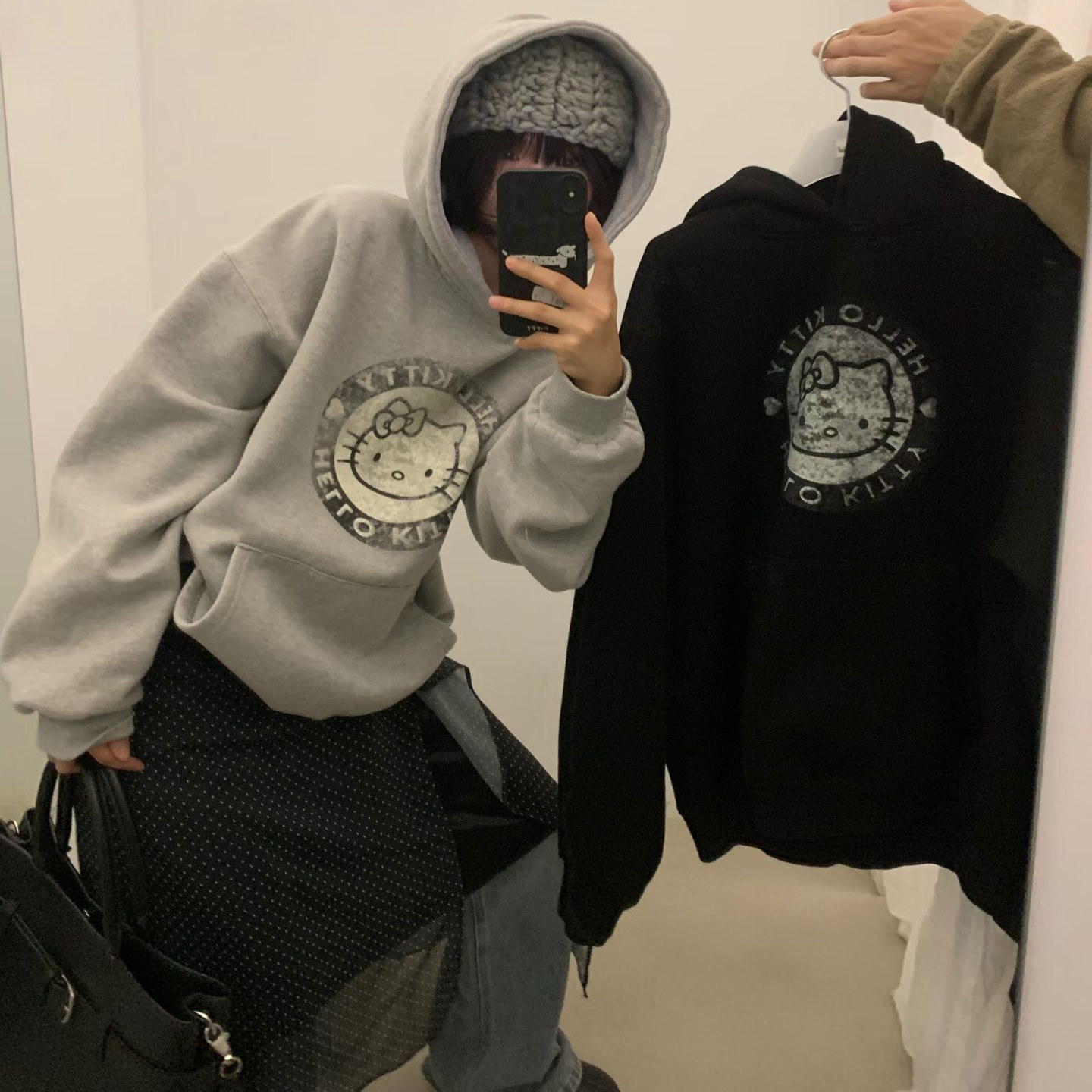 umbriel复古KITTY卡通印花加绒连帽卫衣韩国冬季加厚保暖套头绒衫