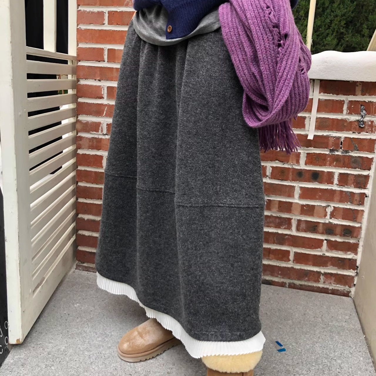 H.ONE正品现货~松紧腰羊毛花边拼接半身裙韩国冬季加厚针织长裙子