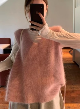 FOCUSE氛围感天菜！侧绑带马甲韩国冬季温柔粉色毛毛V领马夹上衣