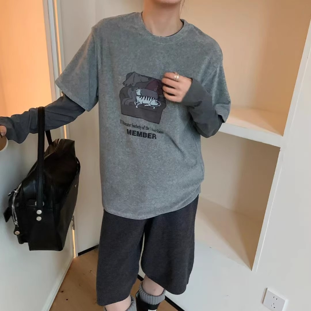 BOLDA定制毛巾料~韩国温馨猫狗卡通印花短袖T恤秋季加厚圆领上衣