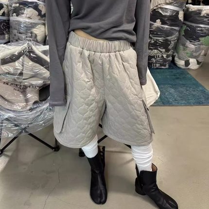 NAME小众时髦~韩国松紧腰工装口袋设计棉裤冬季加厚保暖中裤短裤