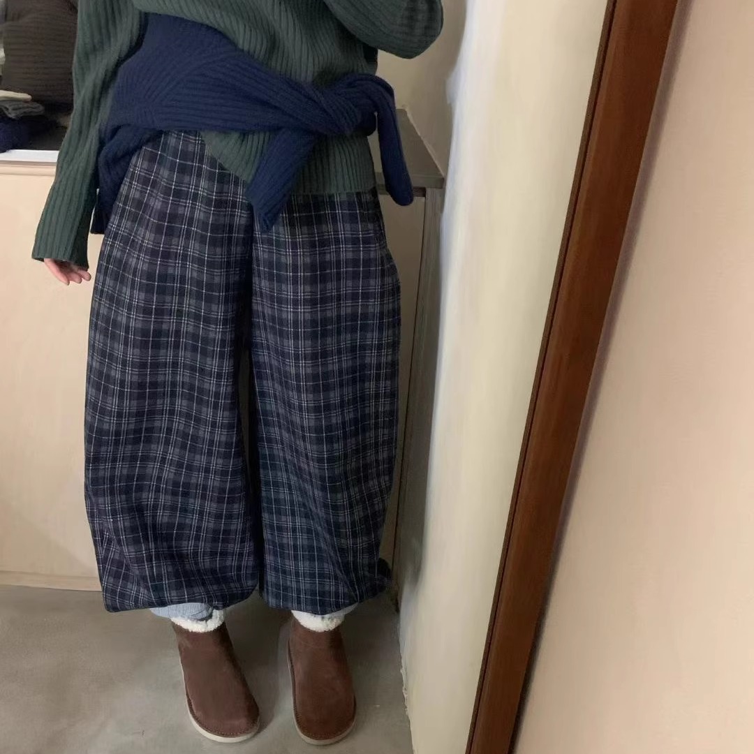 montague正品现货~加绒格子裤韩国冬季松紧腰裤脚抽绳阔腿裤长裤