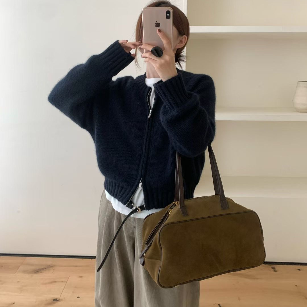 MASOF极简慵懒~双拉链全羊毛针织开衫韩国秋冬短款宽松INS风毛衣