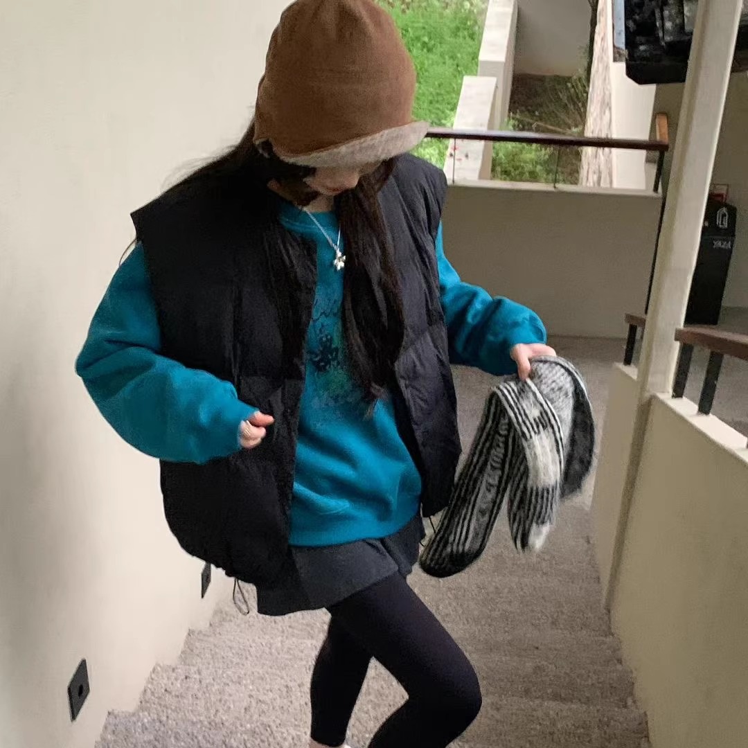 SEMICOLONS极简百搭~圆领排扣羽绒马甲韩国冬季下摆抽绳方格马夹