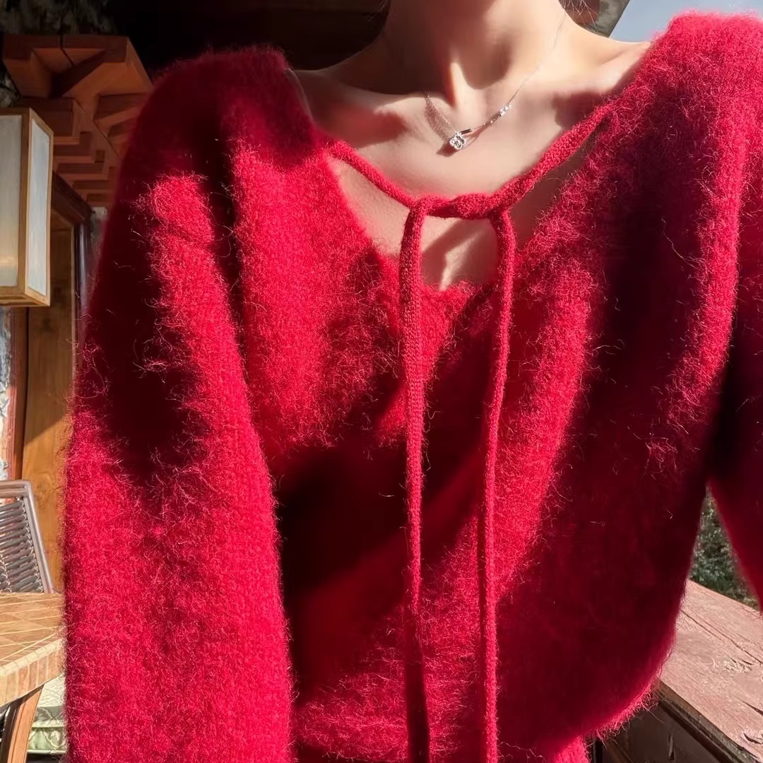 FOCUSE限定节日红~前后两穿绑带羊毛毛衣韩国冬季套头针织衫上衣