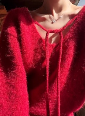 FOCUSE限定节日红~前后两穿绑带羊毛毛衣韩国冬季套头针织衫上衣