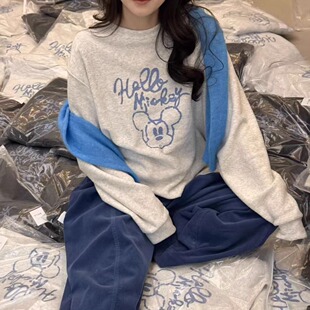 Beauty毛巾绒米奇印花长袖 圆领加厚保暖宽松休闲上衣 T恤韩国冬季