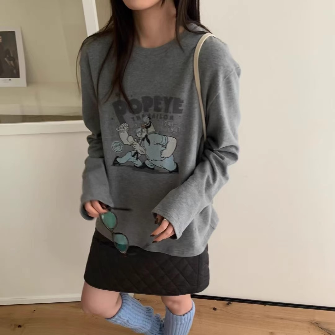 BOLDA云感Q弹~韩国大力水手卡通印花加厚磨毛长袖T恤冬季圆领上衣