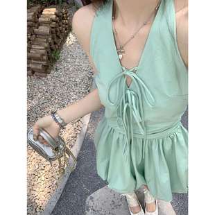 2025新款 薄荷曼波挂脖系带露背连衣裙女夏季 收腰甜美清新花苞短裙