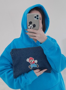 ZAVI 原创 炒鸡sup马力采蘑菇深蓝色牛仔手拿包 化妆包手挽长方形