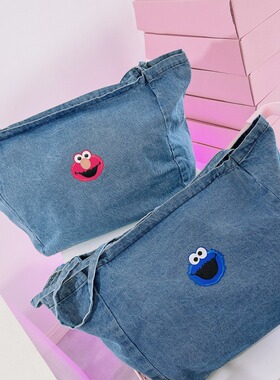 ZAVI 原创 卡通芝麻牛仔大包 美式复古蓝色旅行可爱妈咪袋单肩