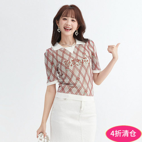 拼色翻领高弹针织衫女
