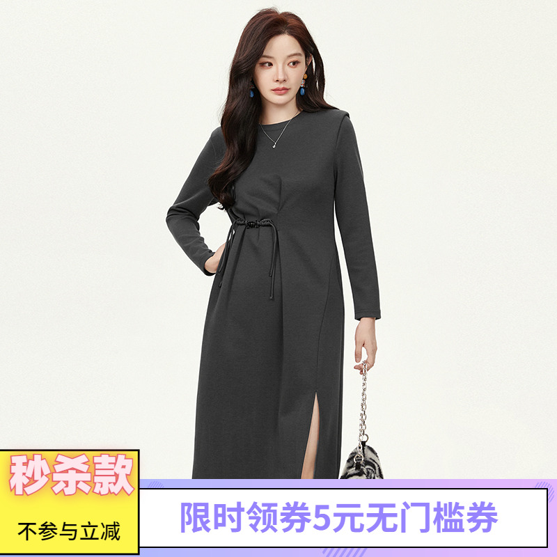 中长裙微弹长袖连衣裙