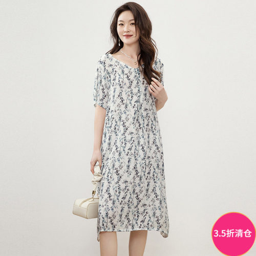 印花宽松妈妈装连衣裙