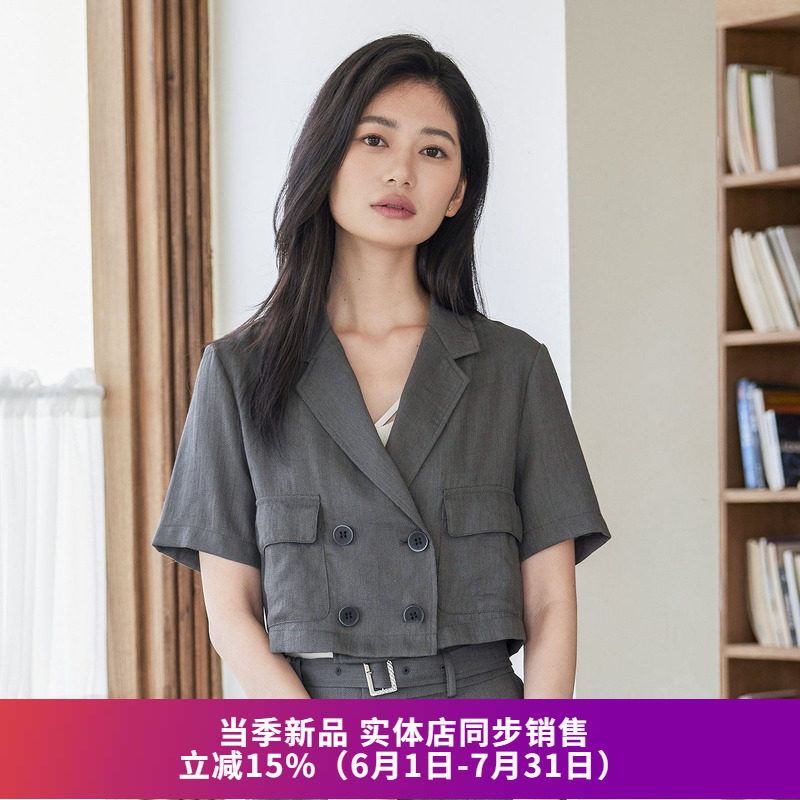 法式双排扣短袖西装外套