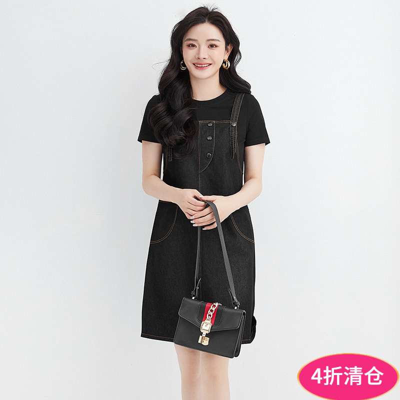 奥莱专柜撤柜正品 精品汉货HH夏装新款 拼接假两件牛仔中裙连衣裙