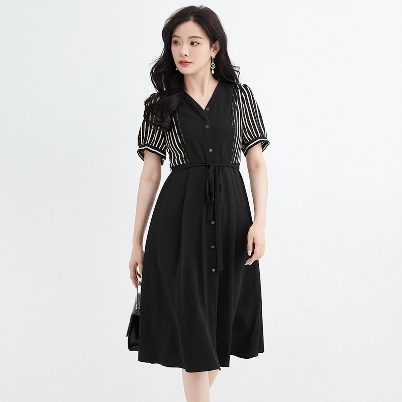 奥莱专柜撤柜正品 汉货精品HH夏装新款 拼色条纹气质中长裙连衣裙