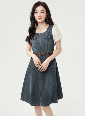 Outlets专柜撤柜正品 HH夏装2025新款拼接牛仔修身时尚中裙连衣裙