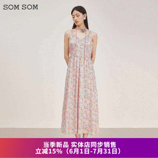 SOMSOM索玛春装新款 碎花吊带连衣裙无袖雪纺老钱风长裙洋气简约