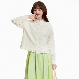 2025年秋装Outlets专柜 AM系列镂空提花长袖上衣棉质单排扣衬衫女