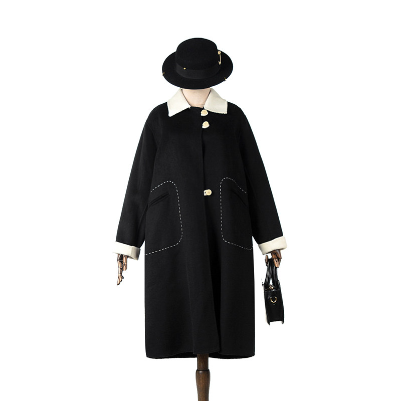 2025年冬Outlets正品 高端HE系列加长款拼色双面尼毛呢外套大衣女