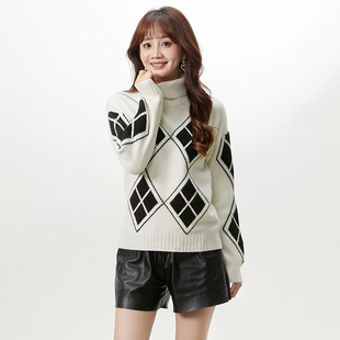 奥莱专柜品牌撤柜正品 HZ冬装新款 拼色菱格复古羊毛可外穿毛衣女