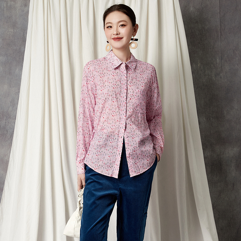 奥特莱斯品牌折扣 YS秋装新款 细碎花楹长袖上衣单排扣宽松衬衫女