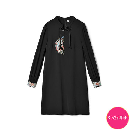 Outlets专柜撤柜正品 ZK秋装2025新款精美绣花中裙长袖立领连衣裙